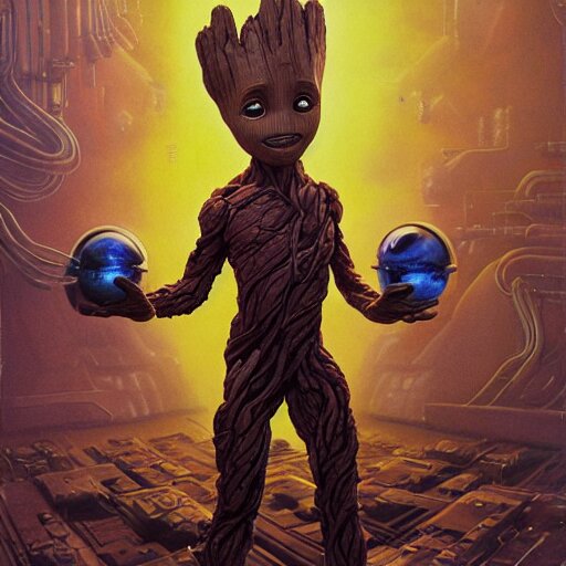 Cinematic bust portrait of beautiful baby groot from left, head and chest only, exotic alien features, robotic enhancements, desaturated, tim hildebrandt, wayne barlowe, bruce pennington, donato giancola, larry elmore, oil on canvas, masterpiece, trending on artstation, featured on pixiv, cinematic composition, dramatic pose, beautiful lighting, sharp, details, hyper-detailed, hd, hdr, 4k, 8k
