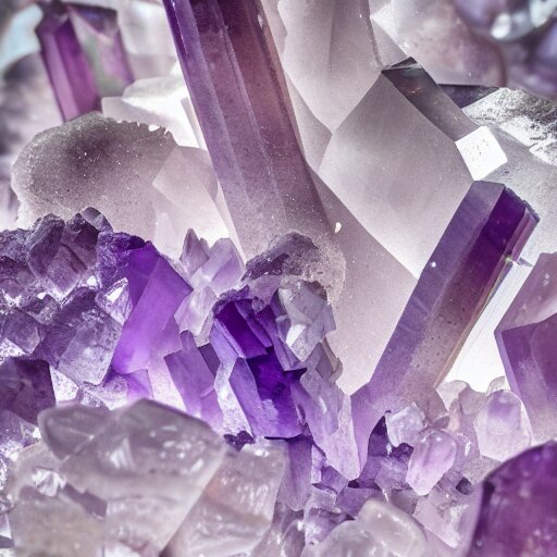 hyper realistic macro shot of amethyst crystals, high definition, incredible detail, flash photography at night, cave exploration, muted pastel tones