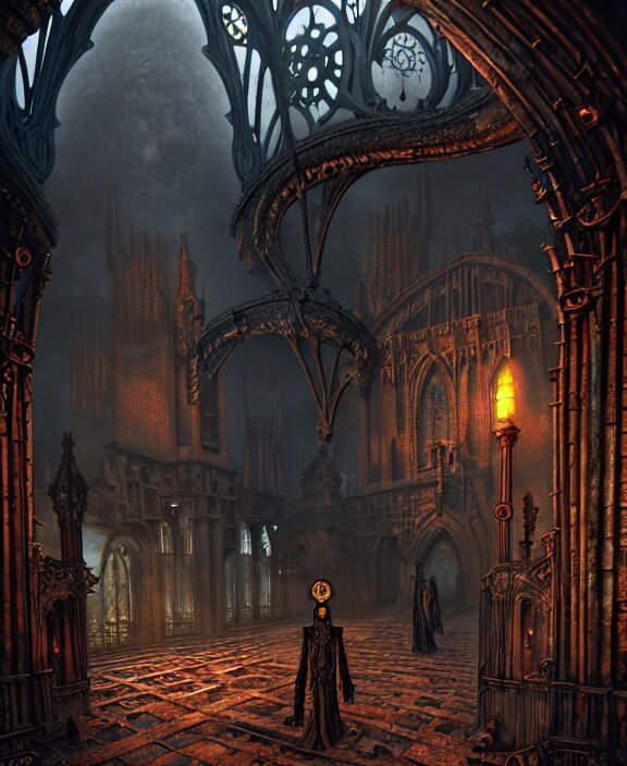 Steam Necropolis, Memento Mori, Gothic, Neo-Gothic, Art Nouveau, Hyperdetailed Copper Patina Medieval Icon, Stefan Morrell, Philippe Druillet, Ralph McQuarrie, Concept Art, Steampunk, Unreal Engine, Detailed Intricate Environment, Octane Render, Moody Atmospherics, Ultrasharp, Ominous. Add a cobweb or two