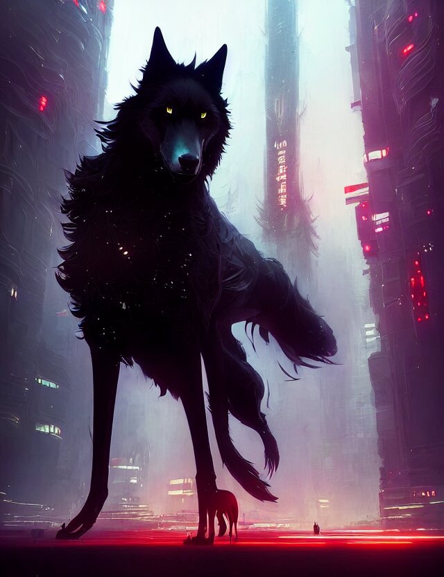 beautiful black wolf in a futuristic city with long red hair. black wolf in an industrial city