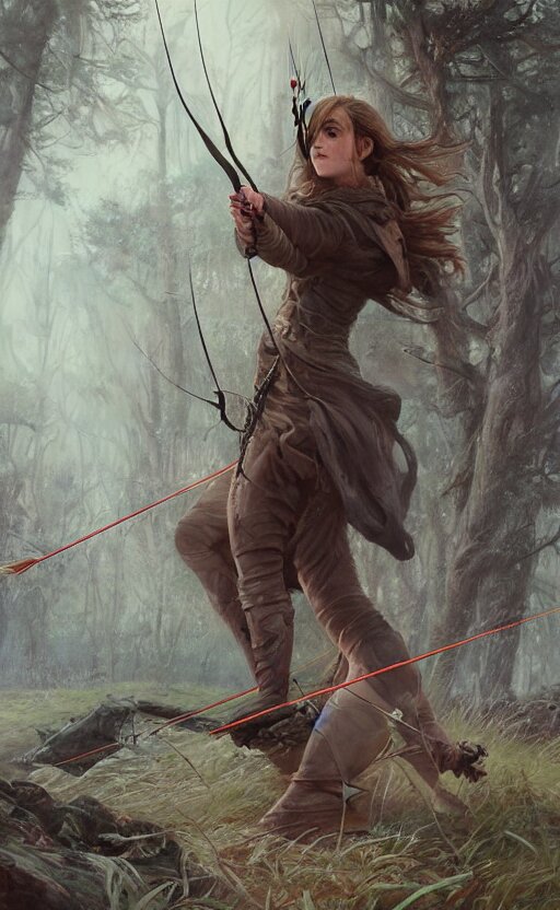 portait of a emma watson archer shooting arrow at forest monster, front game card, drark, marvel comics, dark, intricate, highly detailed, smooth, artstation, digital illustration by ruan jia and mandy jurgens and artgerm and wayne barlowe and greg rutkowski and zdislav beksinski