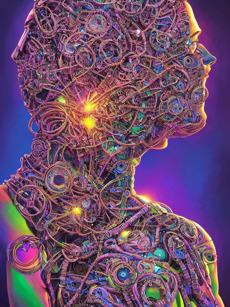 portrait of bionic goddess wearing epic bionic cyborg implants of different vibrant colors, half face is human half is cyborg, detailed intricate ornate cables connected to head, by dan mumford and naoto hattori, extremely beautiful and proportionate, masterpiece, intricate, highly detailed, digital painting, matrix theme, artstation, concept art, crepuscular rays, smooth, sharp focus, illustration, background made from fractals of vibrant universe stars, cyberpunk colors, volumetric lighting, art by artgerm and james jean and nick sullo