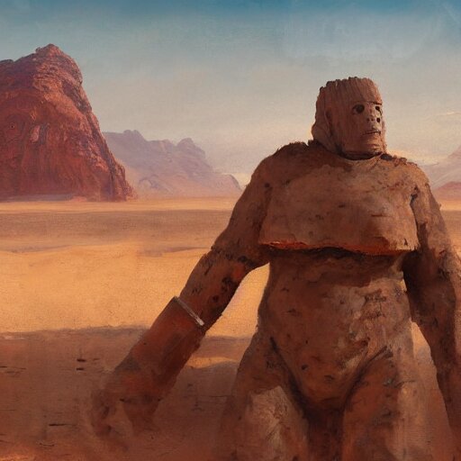 Panorama view of a giant golem in a desert, oil painting, by Greg Rutkowski