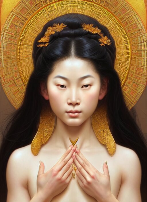 perfectly feminine face!! portrait of an asian goddess blessed by a nature goddess with ever - increasing physical mental perfection, blonde, symmetrical! intricate, sensual features, highly detailed, biblical divine holy perfection!! digital painting, artstation, concept art, smooth, sharp focus, illustration, art by artgerm and greg rutkowski and alphonse mucha make her more ruthless and shirtless with big body and more beauty