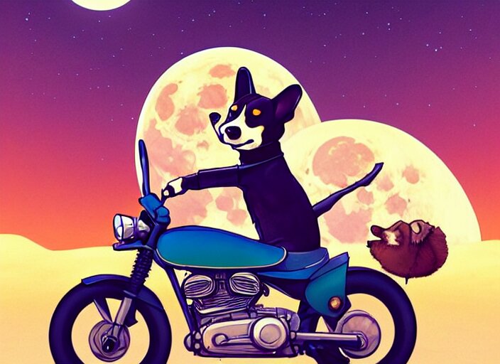 a cell shaded cartoon corgi riding a motorcycle, with a big head, on a desert road, wide shot, in front of a big moon, muted colors, post grunge, josan gonzales, wlop, by james jean, victor ngai, hq, deviantart, art by artgerm 