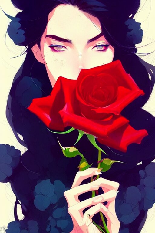 A Detailed Beautiful Panting Woman Holding a Rose Trending on ArtStation. make the woman's dress more exposed, and add roses in her hair