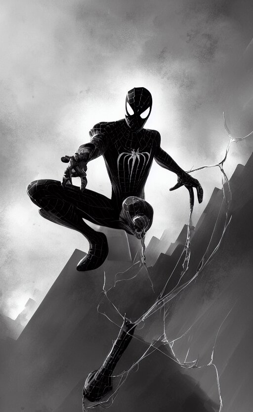 Spiderman Noir, Dynamic Lighting, Photorealistic Fantasy Concept Art, Trending on Art Station, Stunning Visuals, Creative, Cinematic, Ultra Detailed. darken the shadows and add highlights to Spiderman's clothing.