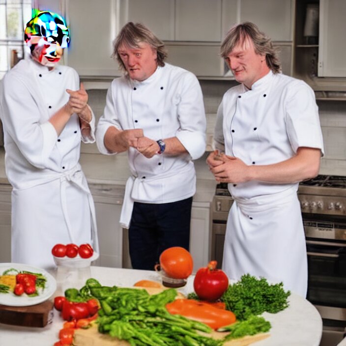 Vladimir Putin and James May in blue apron cooking dinner in a kitchen. Stock Photo. Add a blue apron to Putin and May