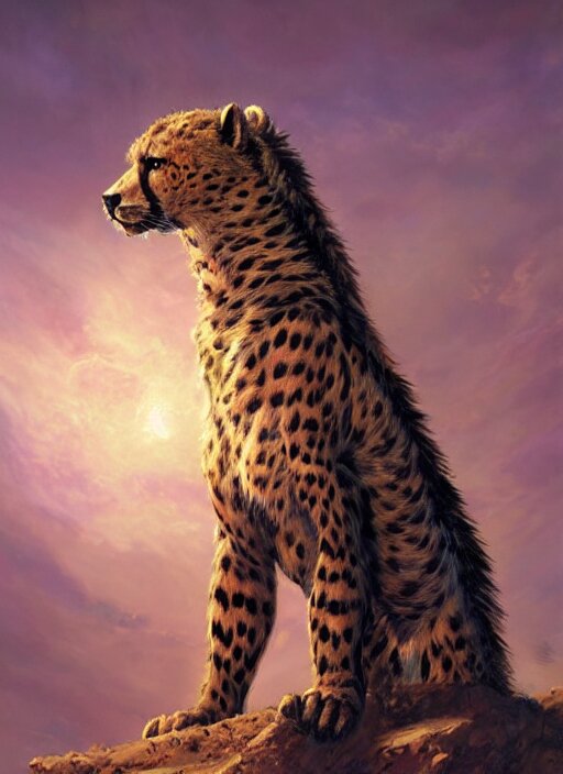 side portrait, warrior furry cheetah with wing, realism, gloomhaven, soft, smooth, luminescent, art nouveau tarot, backlit glow, colorful swirly ripples, gaudy colors, aesthetic octane render, unreal engine, 8k, by greg rutkowski, jesper ejsing, rhads. Make the fur a light beige