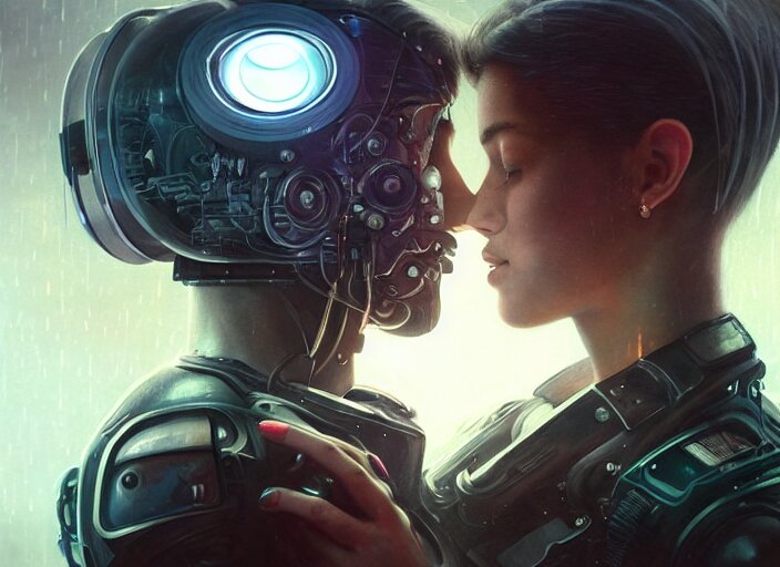 Ultra Realistic cyborg Kissing by Greg Rutkowski and Alphonse Mucha. add a nice abstract background