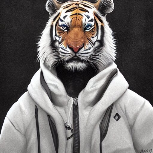 a beautfiul award winning aesthetic commission of an antrho albino tiger wearing a black padded hooded puffer jacket,digital art,art by artgerm,character design by charles bowater,ross tran,photorealistic,detailed face,hyperdetailed,western comic,2021,artstation,deviantart. Add a maniacal clown face