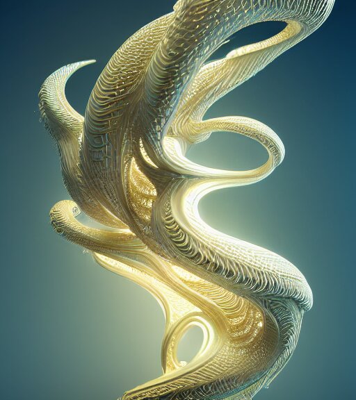abstract organic ornament in fluid creature, white and gold biomechanic plastic, glow lighting, fantasy, intricate, elegant, highly detailed, lifelike, photorealistic, octane render, 3d, concept art, smooth, sharp focus, 
