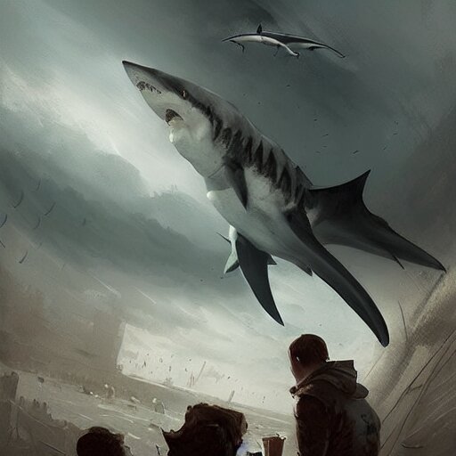 Sharknado concept idea dream, Greg Rutkowski. Turn the sharks into dragons