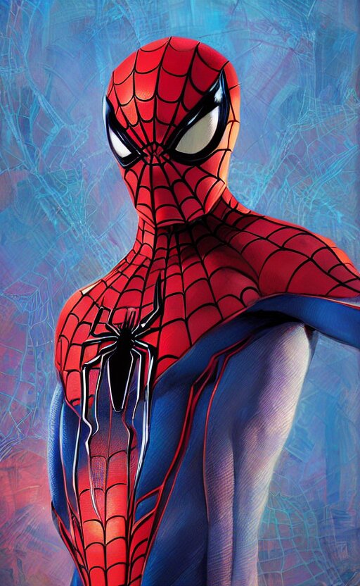 Spider-Man, highly detailed, digital painting, artstation, standing, facing camera, concept art, smooth, sharp focus, illustration, art by artgerm and alphonse mucha, high definition digital art, dramatic lighting, fractal webs in the background, in the style of ilya kuvshinov and Ross tran