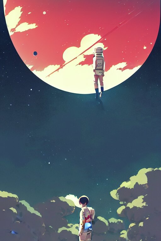 Cover of a astronaut by ilya kuvshinov, cloudy sky background lush landscape ln illustration concept art anime key visual trending pixiv by victo ngai fanbox by greg rutkowski makoto shinkai takashi takeuchi studio ghibli