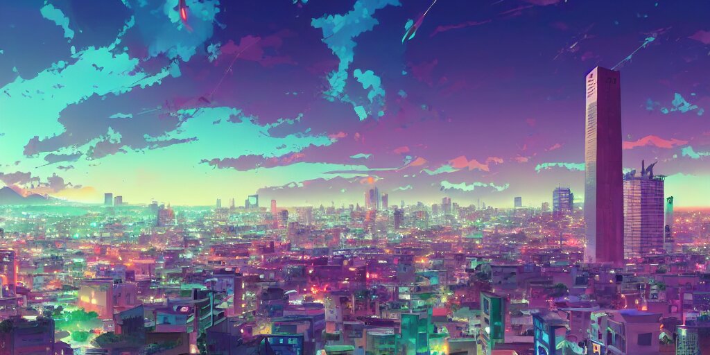 Karachi skyline background, rich vivid colors, ambient lighting, dynamic lighting, 4k, HQ, official media, anime key visual, makoto shinkai, ilya kuvshinov, lois van baarle, rossdraws, detailed, trending on artstation