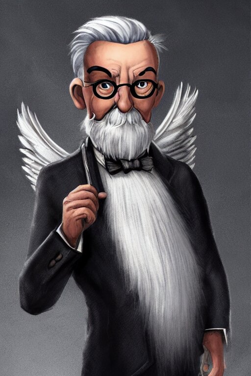 character art by marvel, an old man with grey hair and large grey wings on his back, wearing a monocle