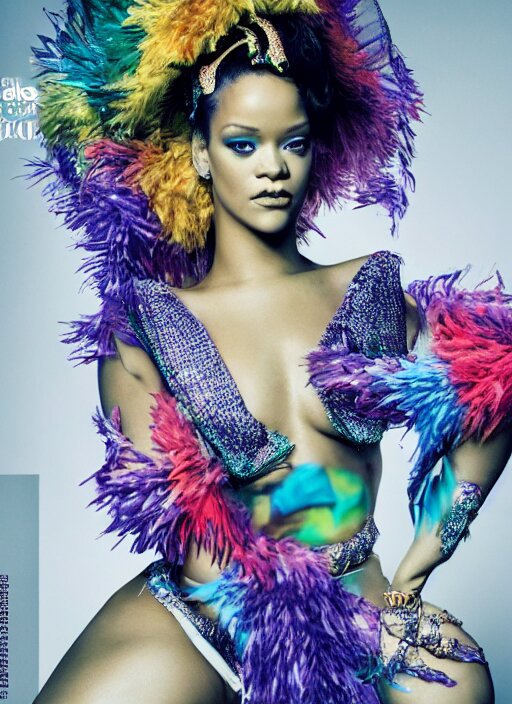 Rihanna styled by Nick Knight, in a colorful jumpsuit with intricate headpiece and dramatic lighting. She is posing in a high fashion setting with vogue magazine