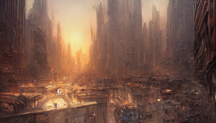apocalyptic city, digital painting, artstation, concept art, donato giancola, Joseph Christian Leyendecker, WLOP, Boris Vallejo, Breathtaking, 8k resolution, extremely detailed, beautiful, establishing shot, artistic, hyperrealistic, octane render, cinematic lighting, dramatic lighting, masterpiece, light brazen