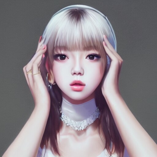 realistic detailed semirealism beautiful gorgeous cute Blackpink Lalisa Manoban wearing white silky lingerie, white silky outfit, black hair black cat ears, black leather choker, large breasts size, proportional body, WLOP, Aztodio, Taejune Kim, Pixiv, Instagram, Artstation