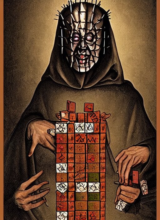 medieval Pinhead from Hellraiser (1986) playing with rubiks cube painted by hieronymus bosch, detailed digital art, trending on Artstation