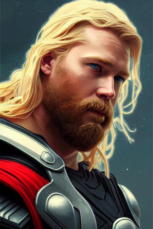 Thor Odinson, fantasy, portrait, sharp focus, intricate, elegant, digital painting, artstation, matte, highly detailed, concept art, illustration, ambient lighting, by ilya kuvshinov, artgerm, Alphonse mucha, and Greg Rutkowski - Add some atmosphere with a candle or lamps. Add some atmosphere with a candle or lamps.