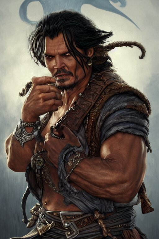 ultra realistic illustration, hulking herculean johnny depp as a rogue pirate thief from baldurs gate and diablo, intricate from baldurs gate, elegant, highly detailed, digital painting, artstation, concept art, smooth, sharp focus, illustration, art by artgerm and greg rutkowski and alphonse mucha 