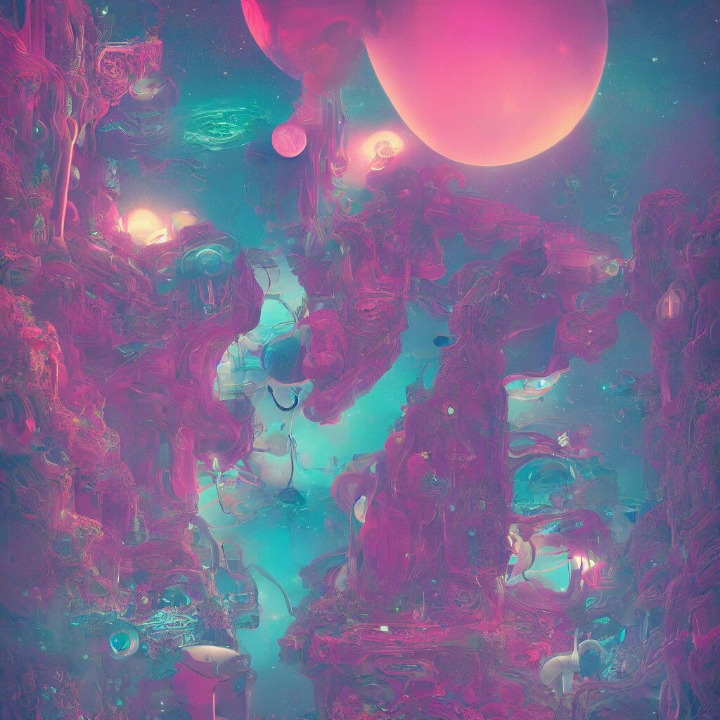 a goddess of a world full of life divine thrill of the biological tranquil sky, atoms floating, horror, artwork by beeple and lisa frank, fantasy, intricate, highly detailed, artstation. Deepen the shadows and make the blue in the sky darker. Add more detail to the leaves and petals.