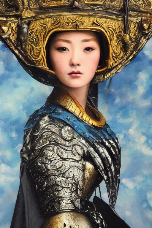 hyperrealism oil painting,   close-up portrait of  medieval fashion model,  knight, steel gradient mixed with nebula sky, in style of baroque mixed with 70s japan book art