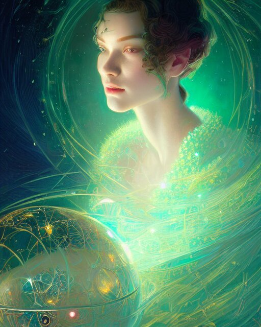 harmony of the spheres, fractal crystal, emerald, ( beauty portrait ) by james jean, wlop, victo ngai, beautifully lit, muted colors, highly detailed, artstation, fantasy art by craig mullins, thomas kinkade 