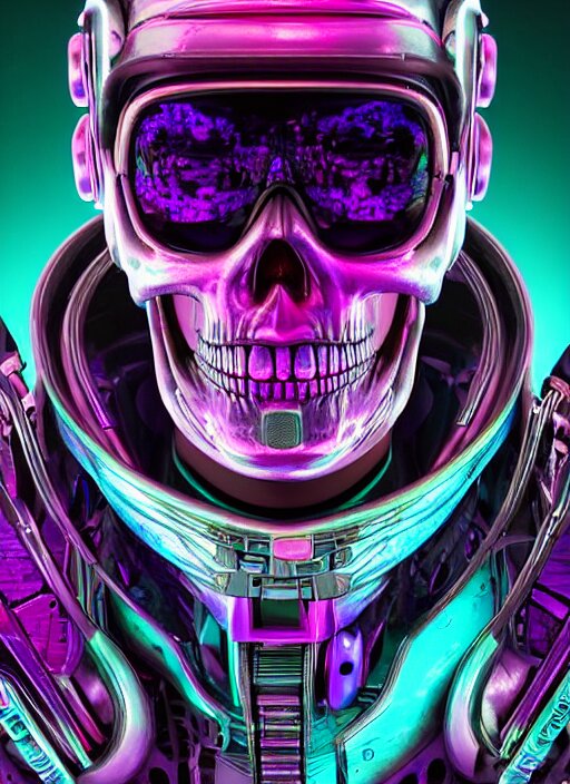a futuristic skull wearing sunglasses with glowing eyes and a purple background, cyberpunk art by android jones, behance contest winner, computer art, darksynth, synthwave, rendered in cinema 4 d 