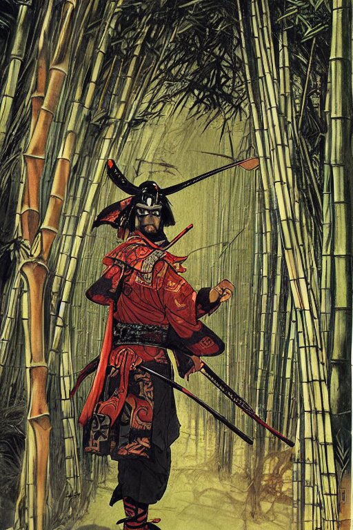 samurai general in dark japanese bamboo forest with light shafts, by travis charest, jesper ejsing