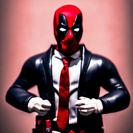 realistic plastic figure of deadpool, wearing shirt and red tie, suit jacket, only head and chest, intricate, desaturated, trending on artstation, cinematic composition, dramatic pose, volumetric lighting, sharp, details, hyper - detailed, hd, 4 k, 8 k 