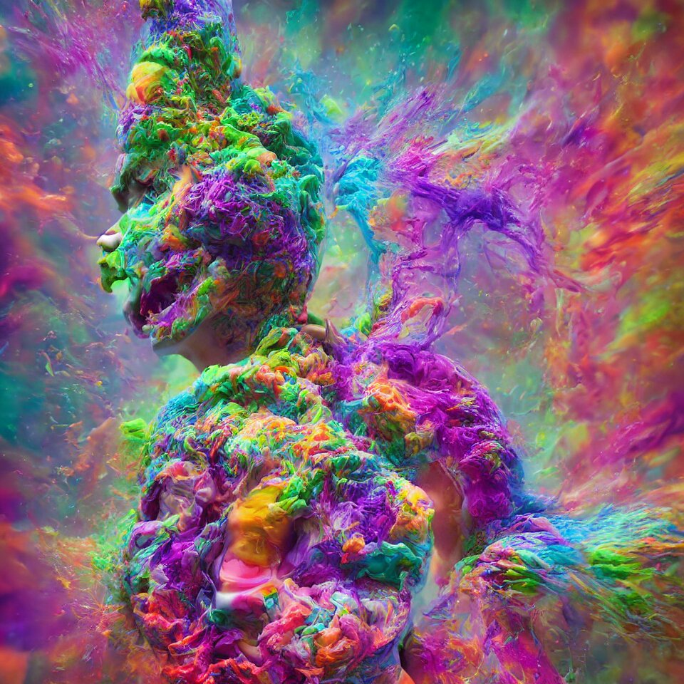 Colorful Candy - insides of a human head explode outward as a huge mass of colored powder, exploding powder, poetic, translucent, 8 k octane render, artistic photography, motion blur, hyperrealistic, medical photography, anatomically correct, realistic crisp textures, 8 k, art by lee griggs. turn the texture into candy.