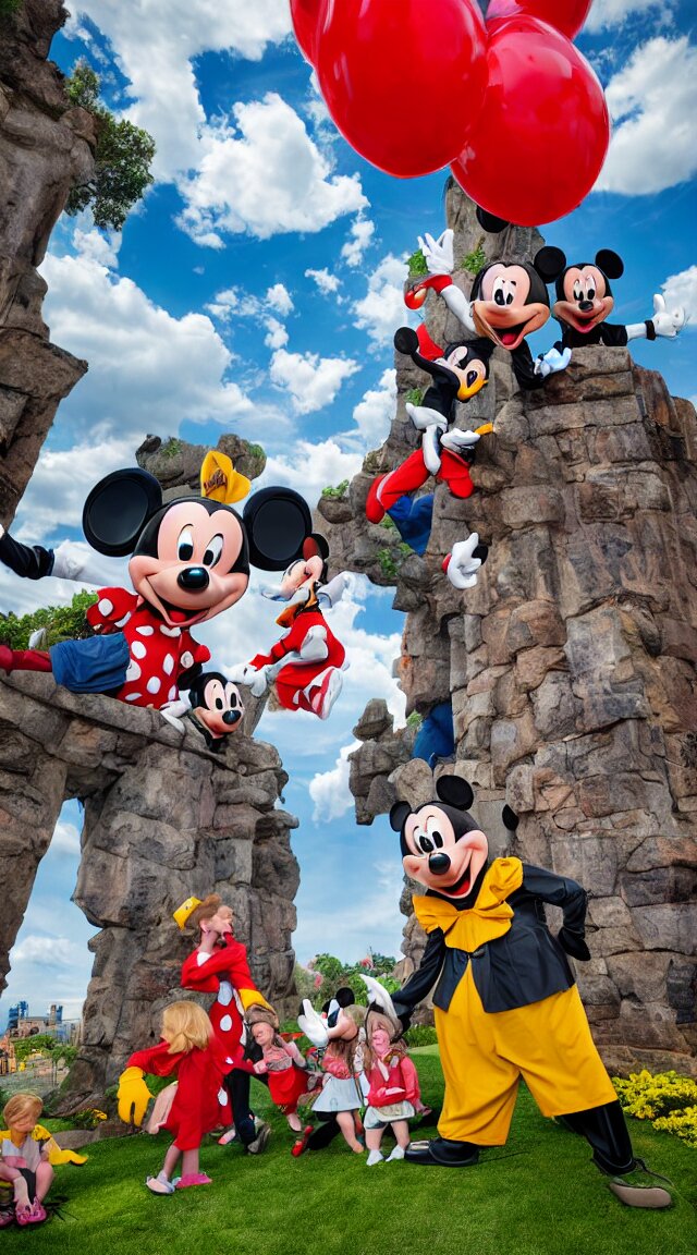 giant mickey mouse looming over cowering children, professional photo, hdr