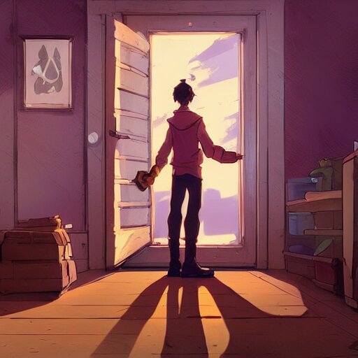 a worried person standing in his home in front of the door behance hd artstation by jesper ejsing, by rhads, makoto shinkai and lois van baarle, ilya kuvshinov, ossdraws, that looks like it is from borderlands and by feng zhu and loish and laurie greasley, victo ngai, andreas rocha