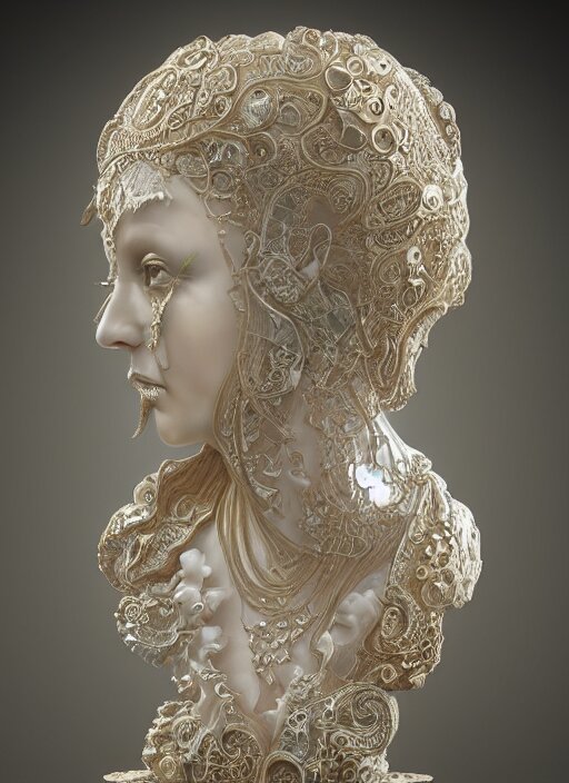 opalescent marble sculpture of beautiful woman, glistening, mandelbulb, hypercube, ivory carving, fractal paisley inlay, lace, intricate, gold inlay, metallic, elegant, highly detailed, ivory, artgerm, lace, by ruan jia and greg rutkowski 
