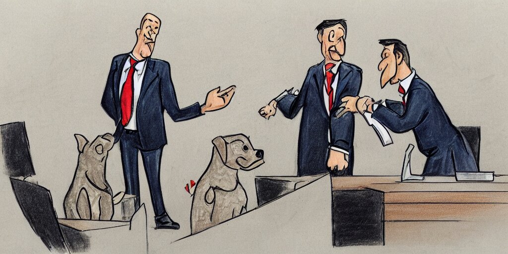 an angry dog wearing a suit cross-examining a man wearing a mailman uniform, courtroom sketch