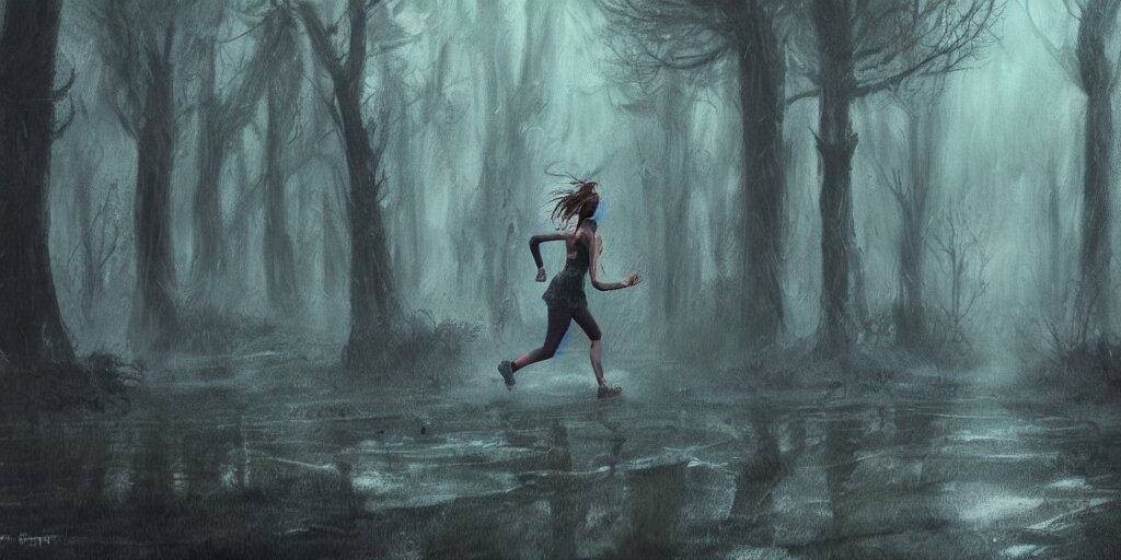 an environmental concept art of a scared woman running in a haunted forest, turned into a horror movie poster with spooky music in the background by francis tneh. turn it into a horror movie poster with spooky music in the background