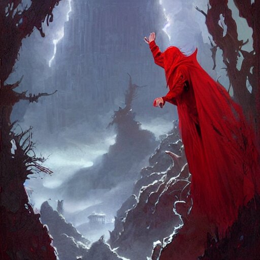 fantasy painting with a wizard in red robes in a surreal environment by greg rutkowski and michael whelan w 1 0 2 4 