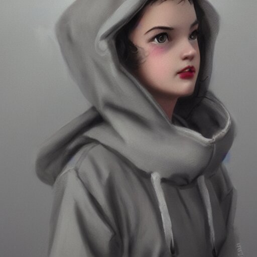 A highly detailed epic cinematic concept art cg render digital painting artwork costume design: a 1950s girl in a 1950s grey hoodie. by greg rutkowski, ilya kuvshinov, wlop, stanley artgerm lau, ruan jia and fenghua zhong, trending on artstation, made in maya, blender and photoshop, octane render, excellent composition, cinematic atmosphere, dynamic dramatic cinematic lighting, aesthetic, very inspirational, arthouse