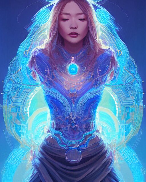 perfectly - centered!! looking at the camera!!! full body portrait of the female blue mage, bright lighting, intricate abstract upper body intricate artwork, by tooth wu, wlop, beeple, dan mumford. concept art, hearthstone mastered art