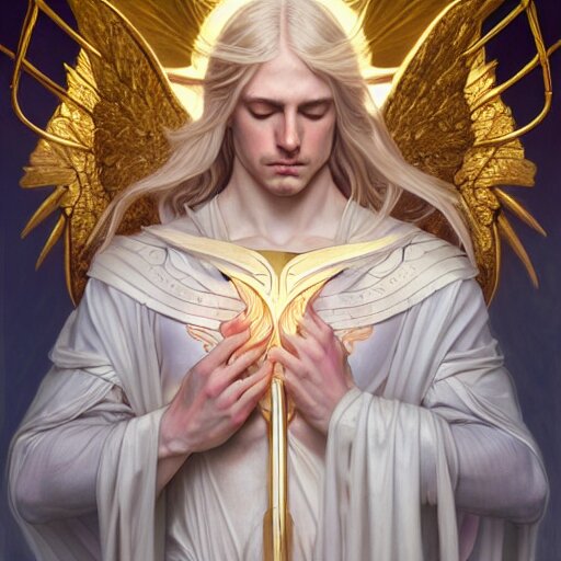 the pale blond male angel of battle lucius wearing a white periwinkle, sci fi, glowing eyes, volumetric lights, gold theme, art nouveau botanicals, intricate, highly detailed, digital painting, artstation, concept art, smooth, sharp focus, cinematic, illustration, beautiful face, art by artgerm and greg rutkowski and alphonse mucha 