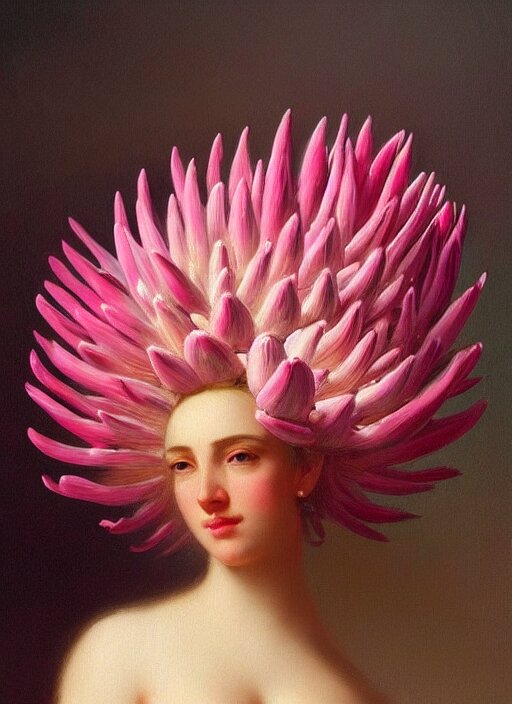 stunning mexican godess, detailed pink and white protea head peace against a black backdrop by ivan aivazovsky, wlop, oil painting, beautiful soft lighting, muted colours, artstation 