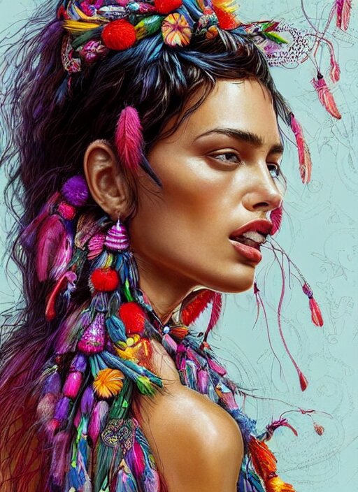 beautiful portrait of Irina Shayk wearing fantastic Hand-dyed cotton dress,embellished beaded feather decorative fringe knots ,colorful pigtail,subtropical flowers and plants,symmetrical face,intricate,elegant,highly detailed,8k,digital painting,trending on pinterest,harper's bazaar,concept art, sharp focus, illustration, by artgerm,Tom Bagshaw,Lawrence Alma-Tadema,greg rutkowski,alphonse Mucha