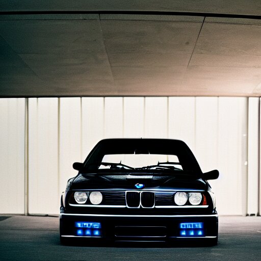 a modified bmw e 3 0 with lights on in a futuristic neon parking garage, 3 5 mm photography, car photography, clean lines, realistic 