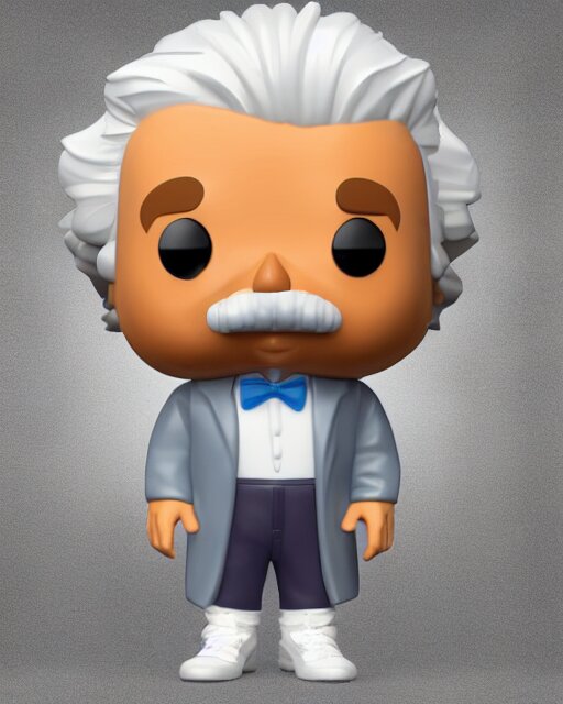 full body 3 d render of albert einstein as a funko pop!, four, studio lighting, white background, single body, t pose, no shadow, blender, trending on artstation, 8 k, highly detailed 