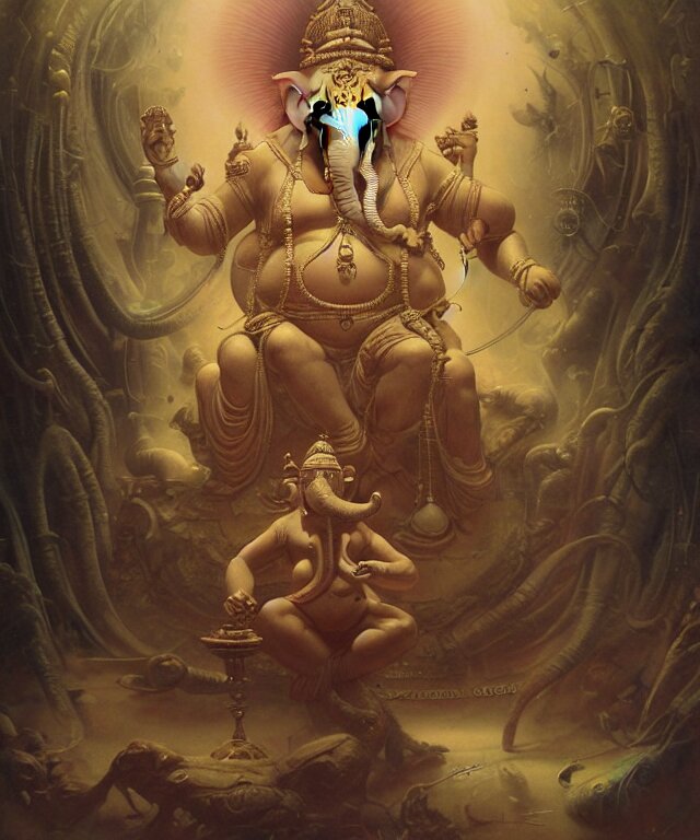 Ganesha, futuristic holographic displays in the style of peter mohrbacher, wayne barlowe, gustav moreau, bussiere, roberto ferri, santiago caruso, luis ricardo falero, austin osman spare, luke brown, with technology. technology