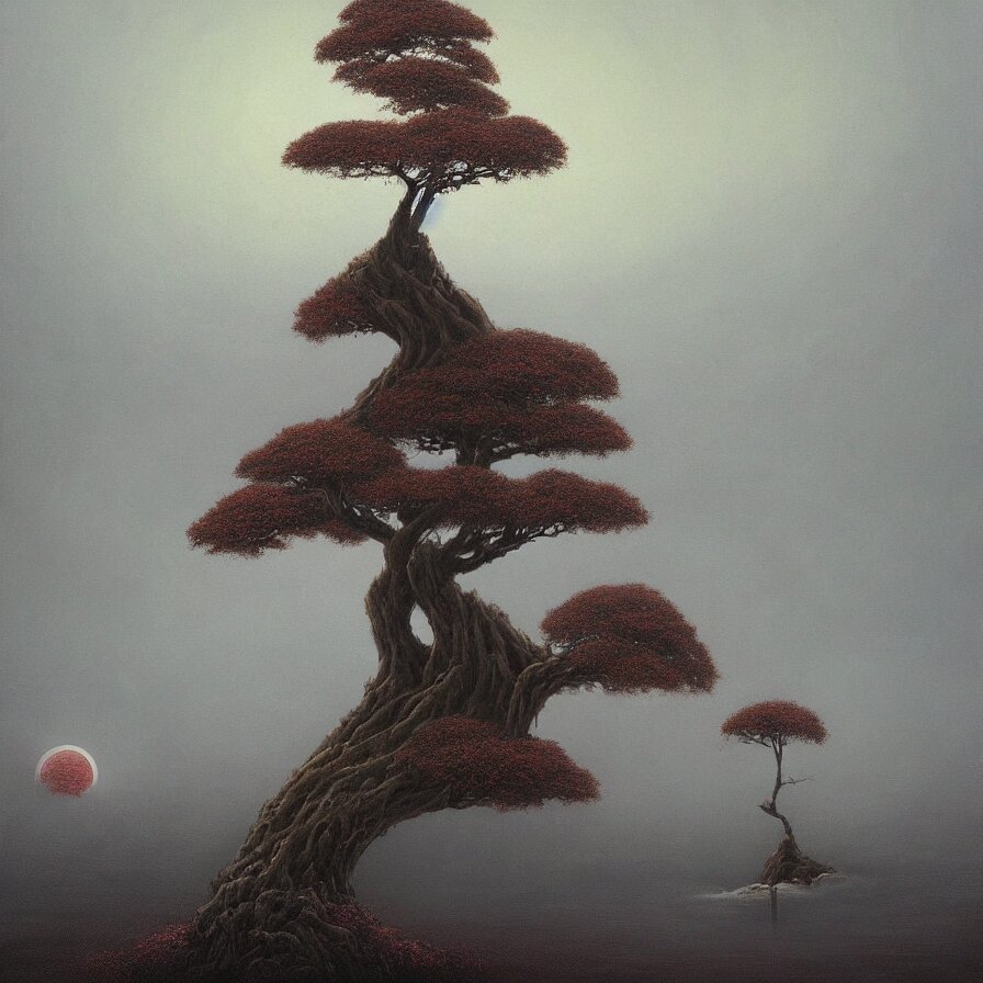 dark fantasy oil painting, giant bonsai, big river, bloodmoon, floating mountains, volumetric light, misty, godrays, high details, 8 k, beksinski, strange creatures, eerie