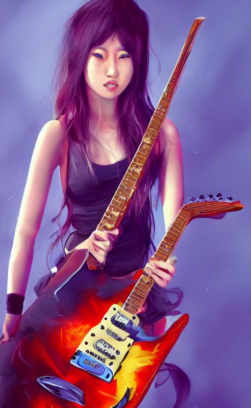 rockstar asian girl playing electric guitar on stage. by amano yoshitaka, digital art, digital painting, artstation trending, unreal engine, by rembrandt